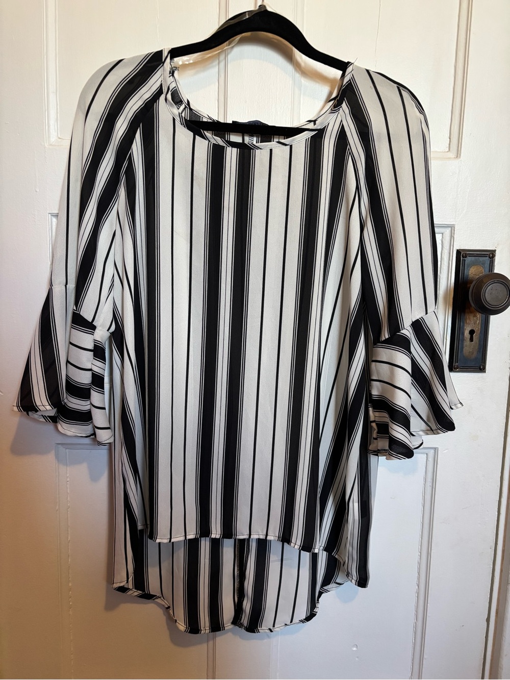 H. Binette Womens Black & White Striped Blouse SizeM with Ruffle High Low Sleeve